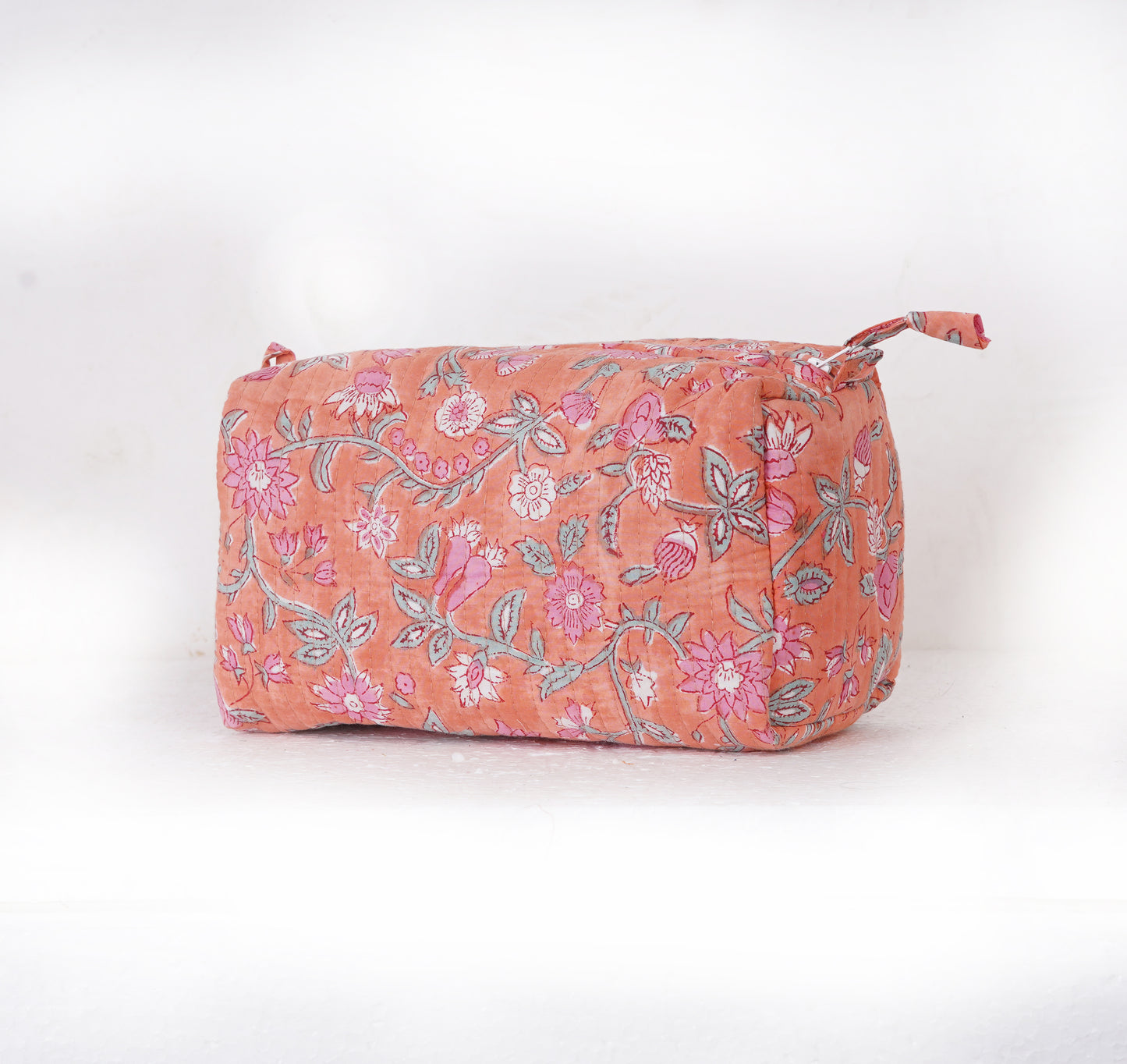 Peach Blossom Quilted Toiletry Pouch Set – Hand Block Printed (Set of 3)