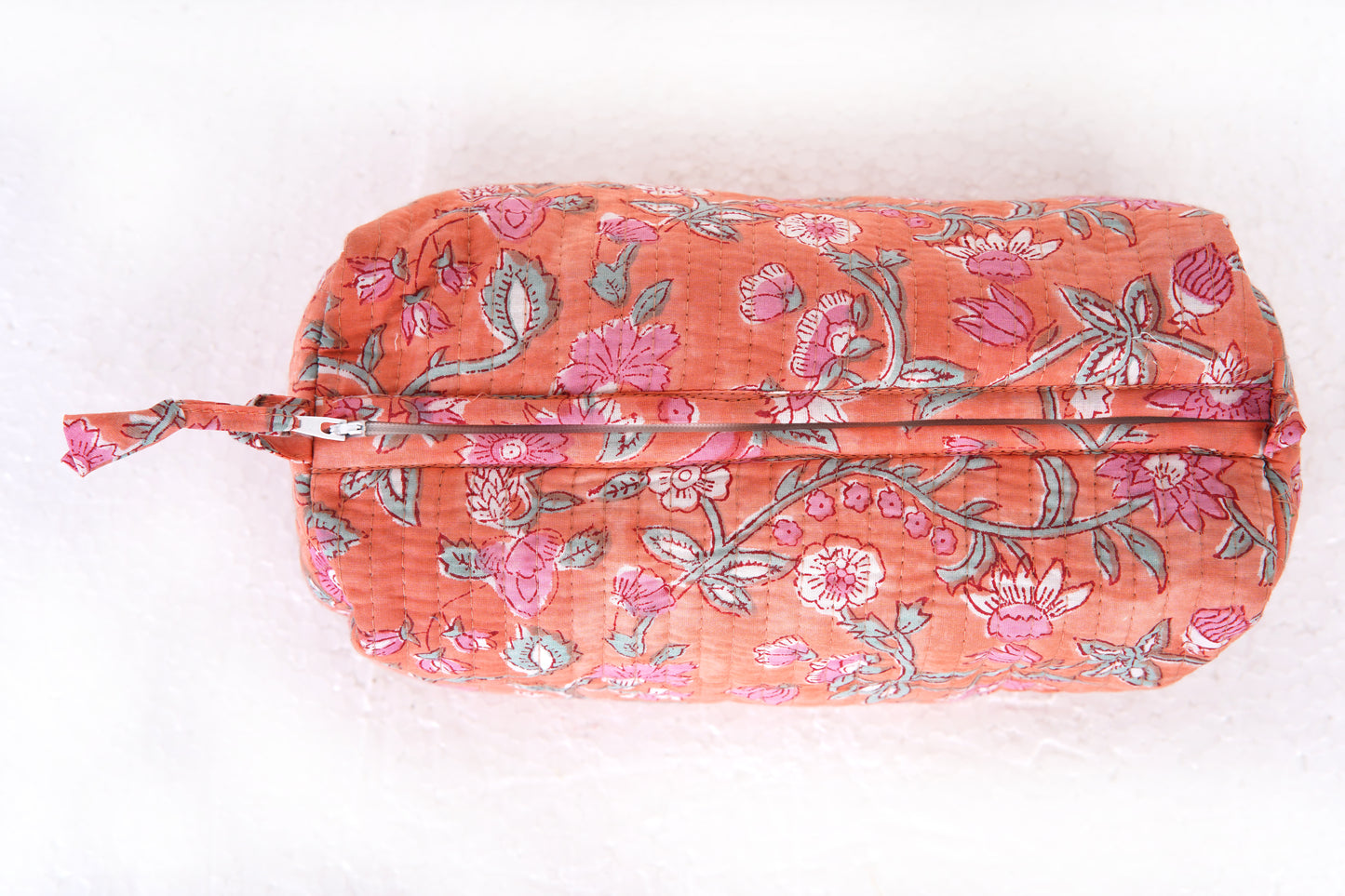 Peach Blossom Quilted Toiletry Pouch Set – Hand Block Printed (Set of 3)