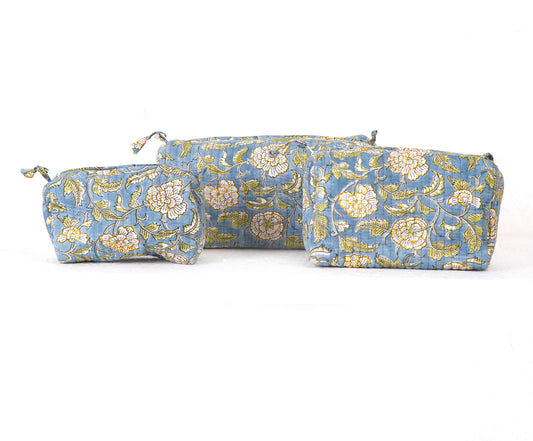 Blue Meadow Quilted Toiletry Pouch Set – Hand Block Printed (Set of 3)