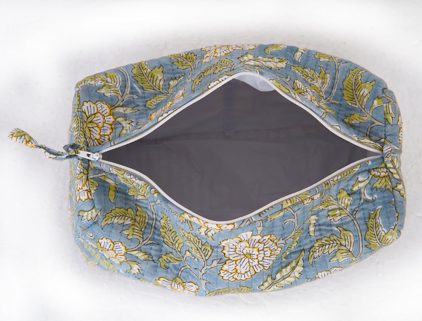 Blue Meadow Quilted Toiletry Pouch Set – Hand Block Printed (Set of 3)