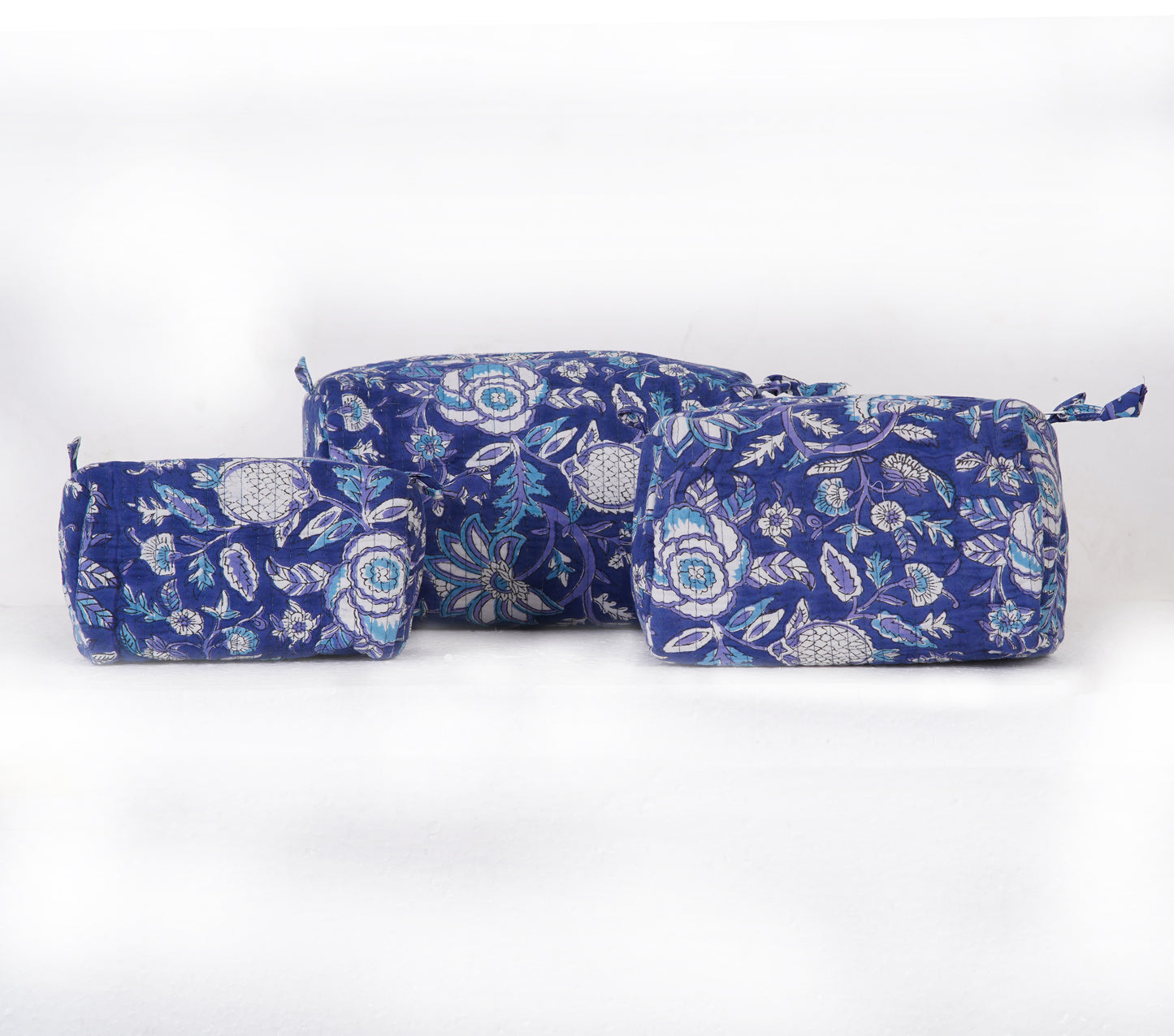 Midnight Bloom Quilted Toiletry Pouch Set – Hand Block Printed (Set of 3)