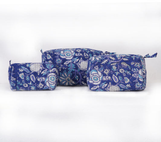 Midnight Bloom Quilted Toiletry Pouch Set – Hand Block Printed (Set of 3)