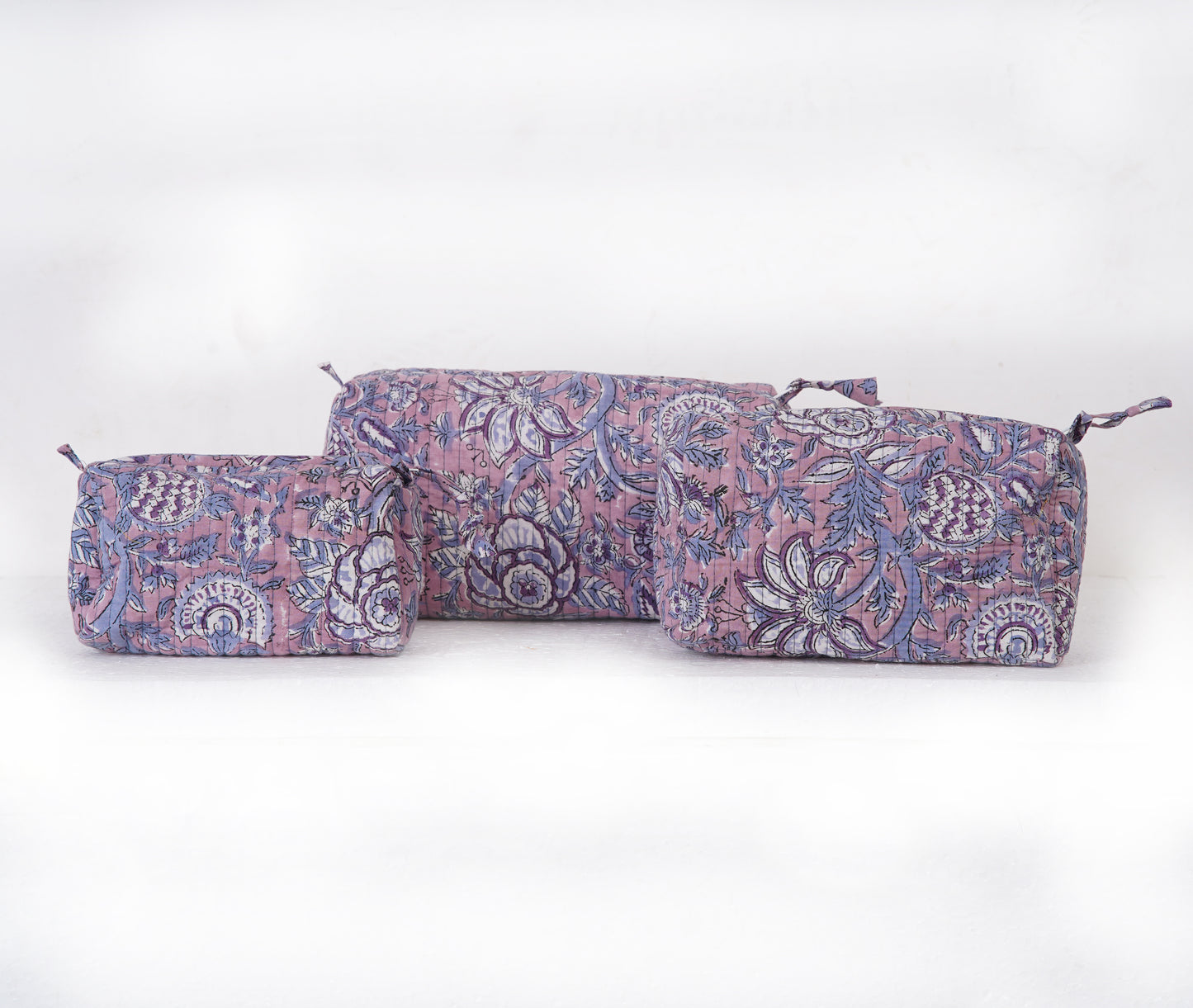 Lavender Blush Quilted Toiletry Pouch Set – Hand Block Printed (Set of 3)