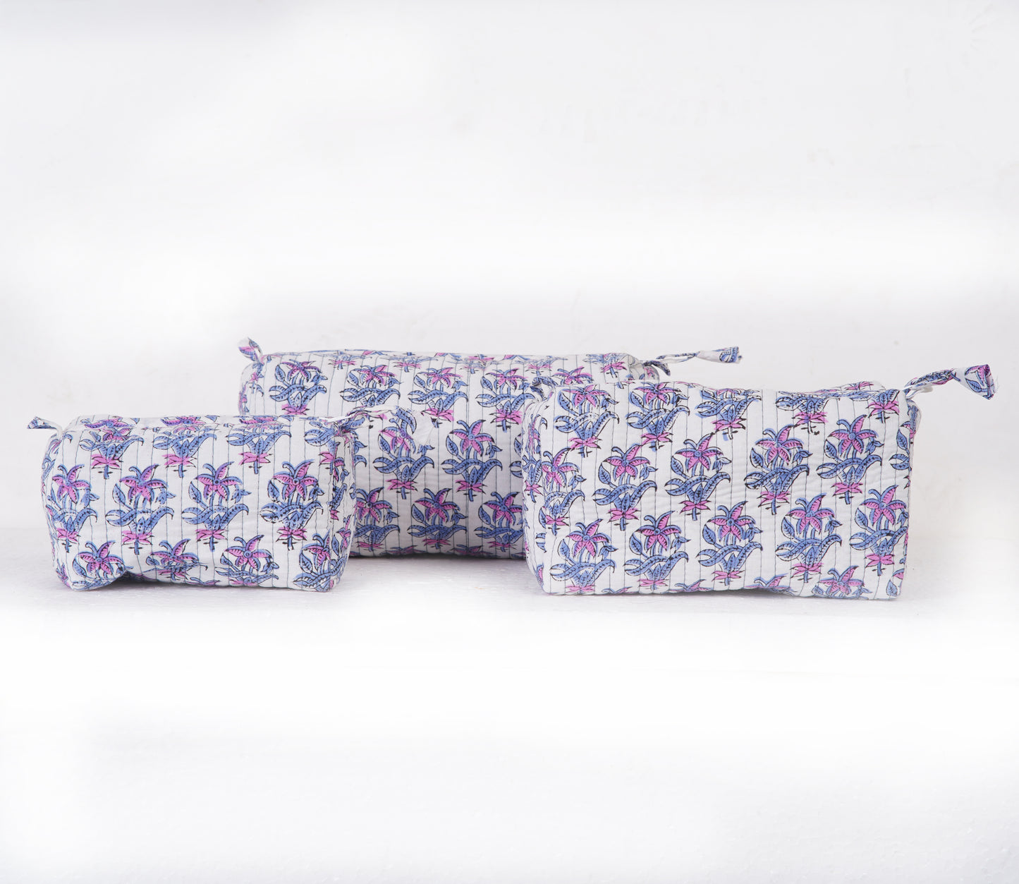 Purple Lotus Quilted Toiletry Pouch Set – Hand block printed set of 3 pouches