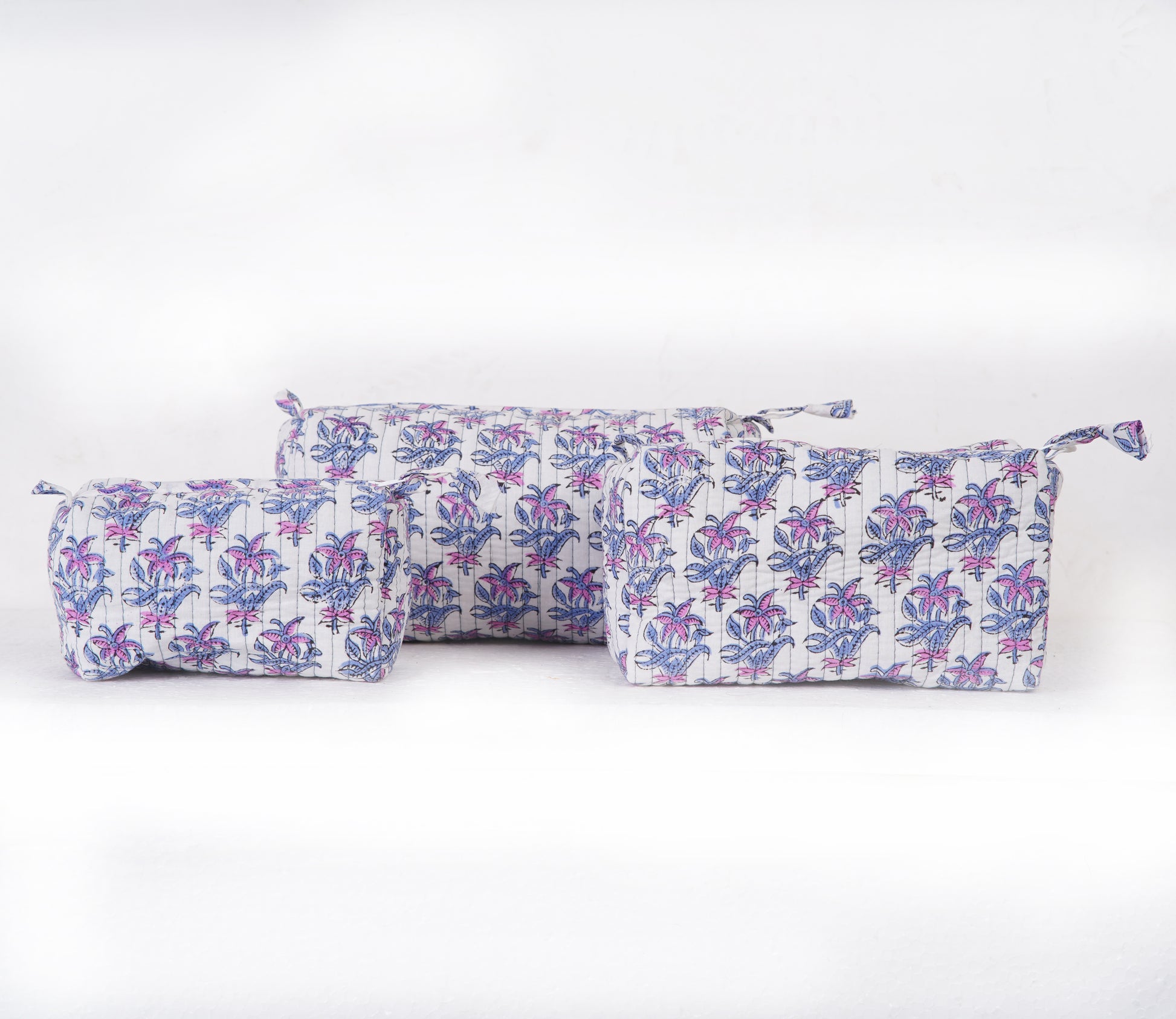 Purple Lotus Quilted Toiletry Pouch Set – Hand block printed set of 3 pouches
