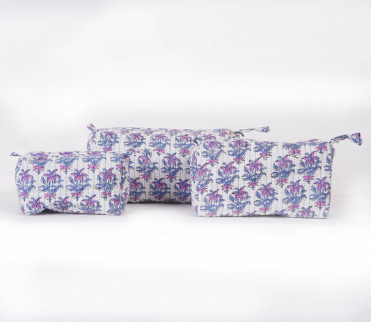 Purple Lotus Quilted Toiletry Pouch Set – Hand block printed set of 3 pouches