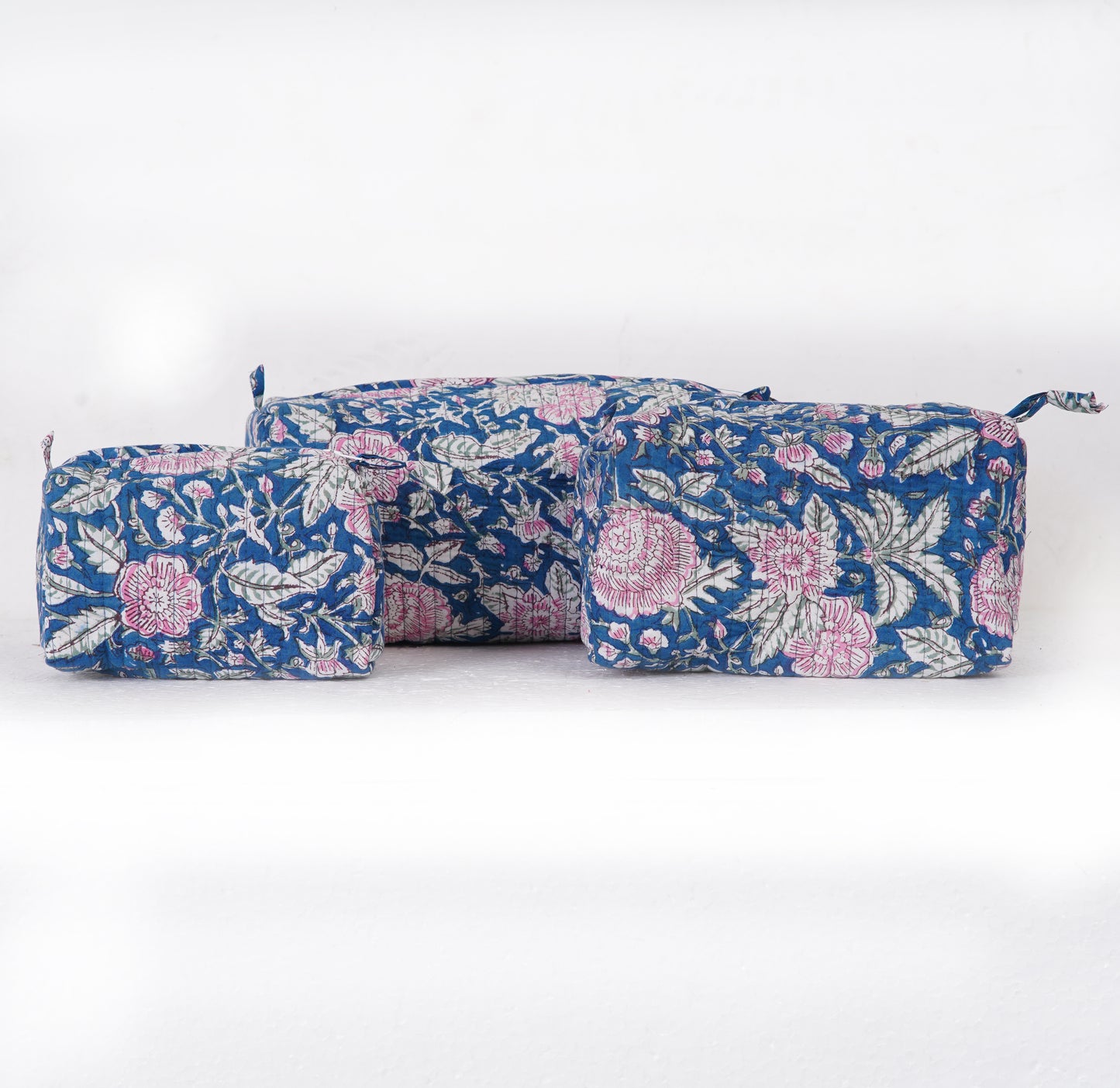 Blue Jaal Quilted Toiletry Pouch Set – Hand Block Printed (Set of 3)