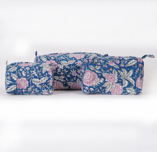 Blue Jaal Quilted Toiletry Pouch Set – Hand Block Printed (Set of 3)