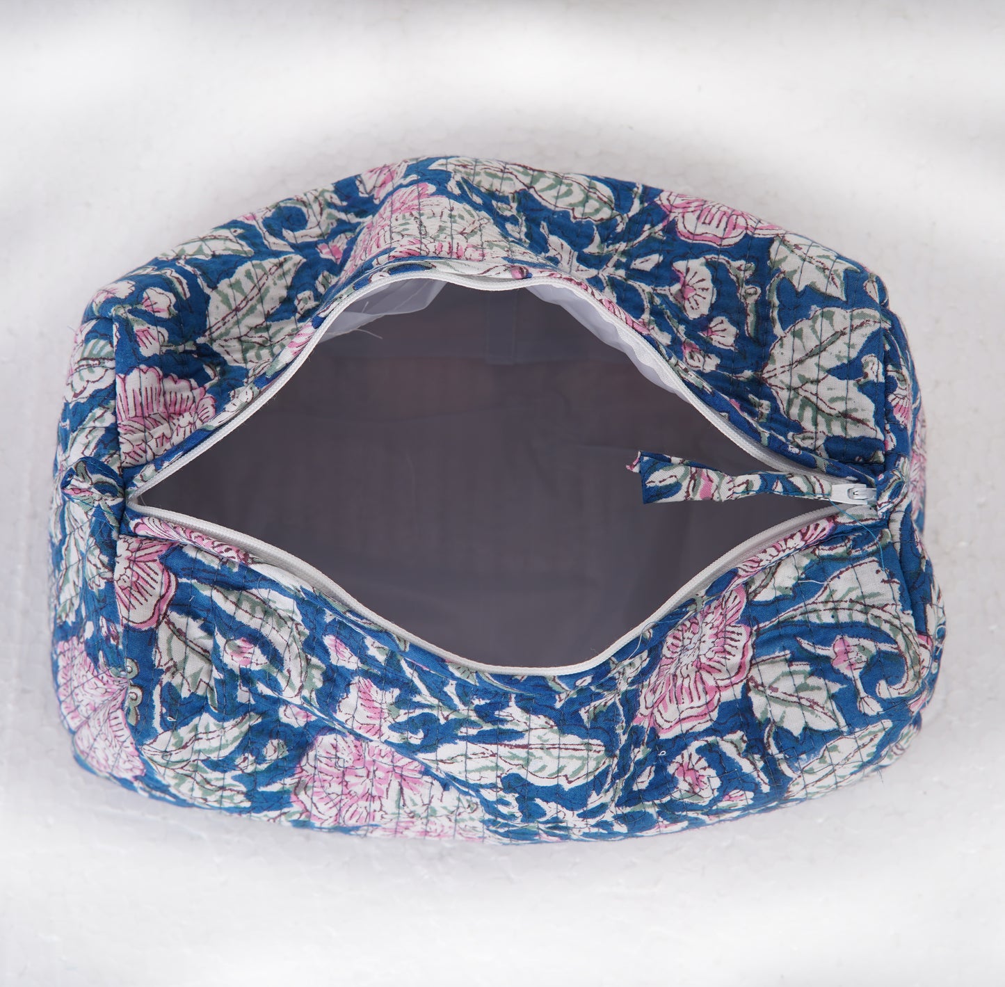 Blue Jaal Quilted Toiletry Pouch Set – Hand Block Printed (Set of 3)