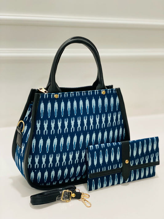 Blue Ikkat Matka Handbag with Adjustable Belt & Clutch