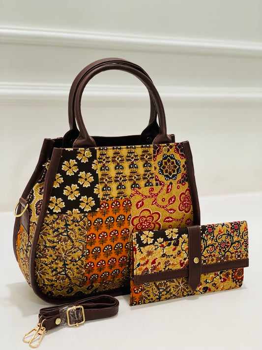 Yellow Patch Matka Handbag with Adjustable Belt & Clutch