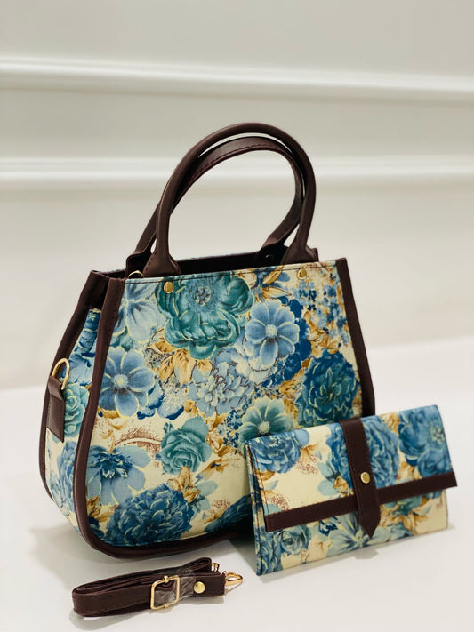 Floral Matka Handbag with Adjustable Belt & Clutch