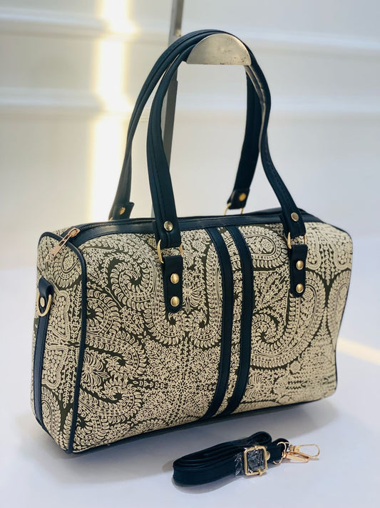 Green Paisley Duffel Handbag With Adjustable Belt