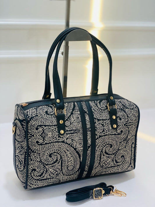 Black Paisley Duffel Handbag With Adjustable Belt