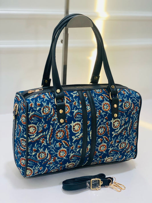 Blue Ajrakh Duffel Handbag With Adjustable Belt