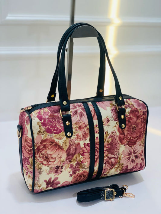Pink Floral Duffel Handbag With Adjustable Belt