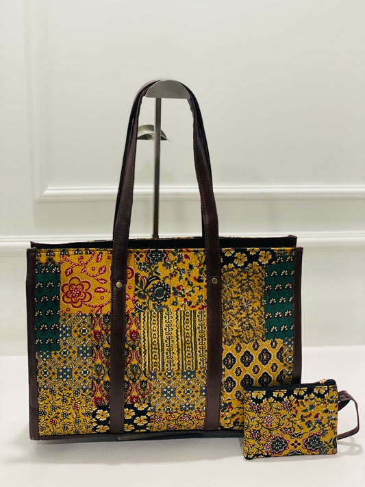 Yellow Patchwork Laptop Tote with Free Pouch
