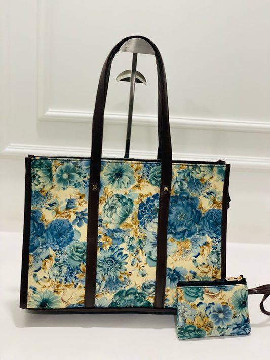 Blue Floral Laptop + Tote Bag with Free Phone Pouch