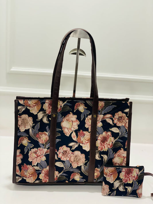 Vintage Floral Laptop Tote Bag with Free Pouch
