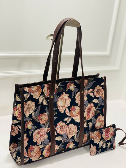 Vintage Floral Laptop Tote Bag with Free Pouch