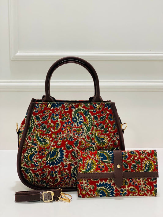 Rajwadi Red Matka Handbag with Adjustable Belt & Clutch