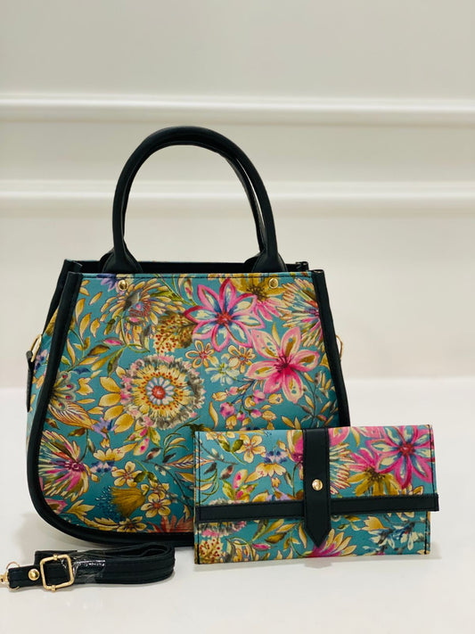 Gulbahar Teal Matka Handbag with Adjustable Belt & Clutch