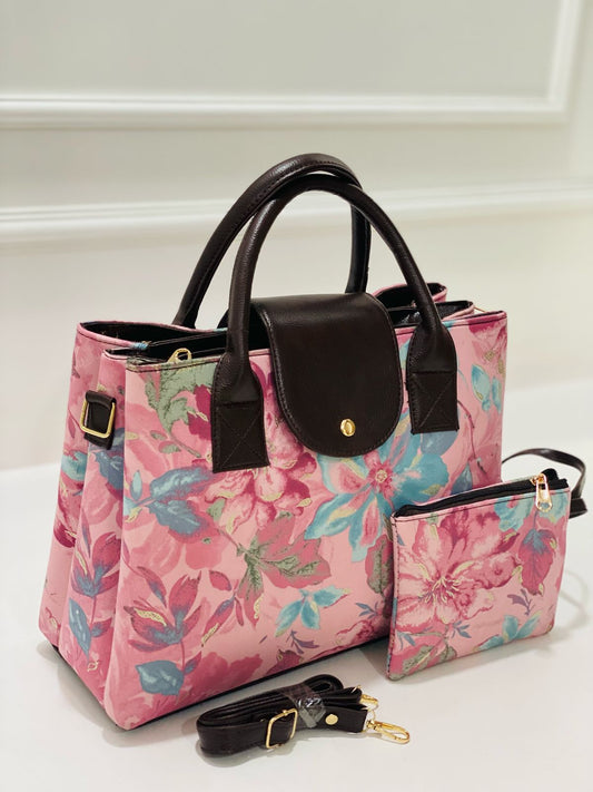 Pink Floral Print 2-in-1 Handbag & Sling With Free Pouch